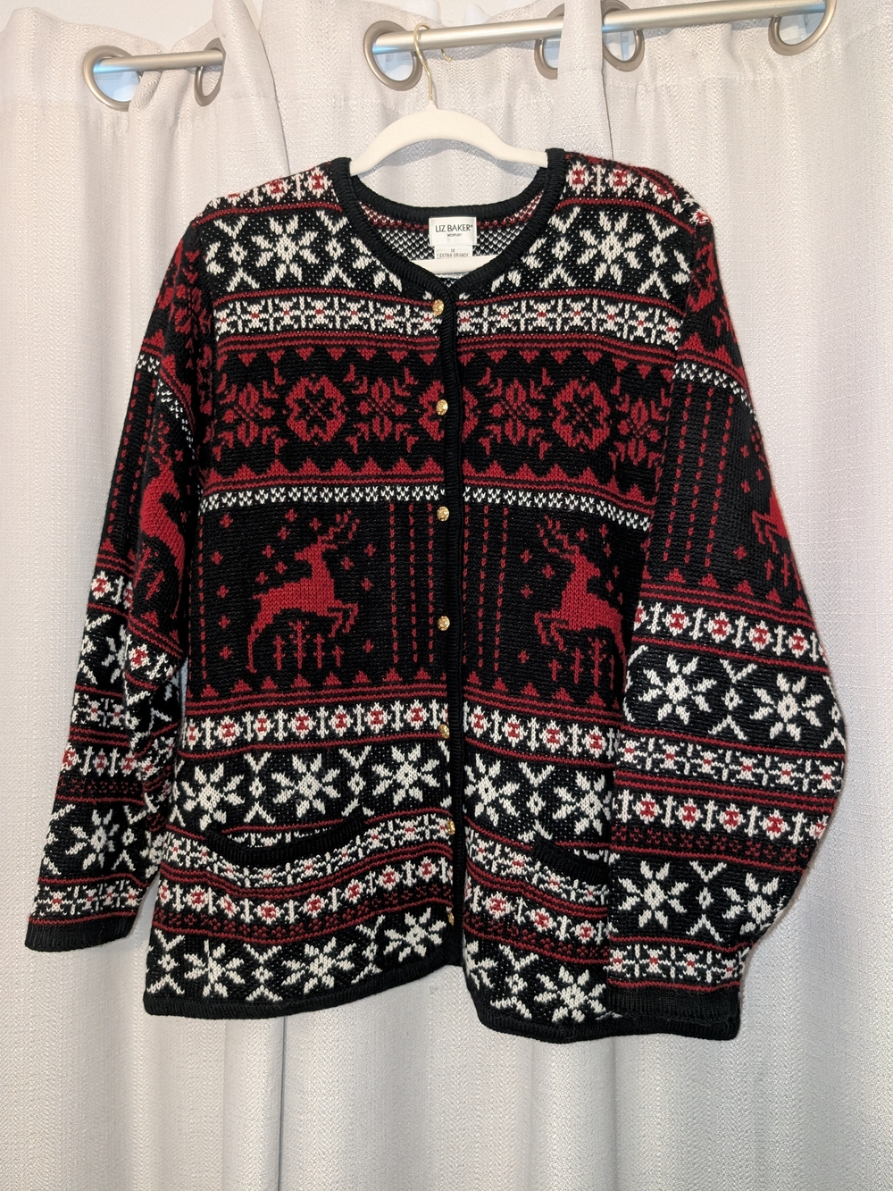 Liz Baker Red, Black & White Reindeer Fair Isle Cardigan 1x